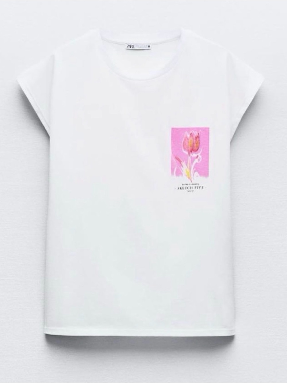 ZARA White Graphic Tee with Watercolor Floral Print - cap-sleeve style.